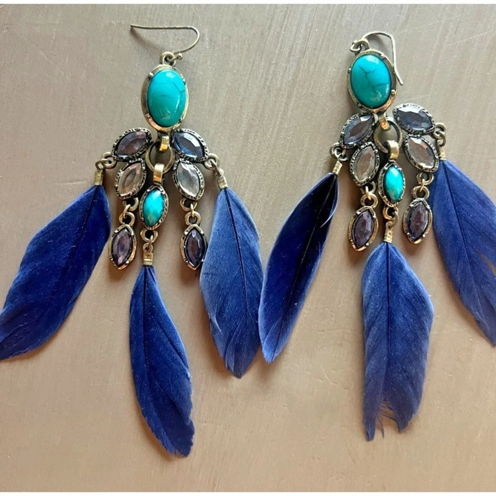 Boho Western Feather Earrings Turquoise Look Stone Chandelier Dangle‎ Cowgirl